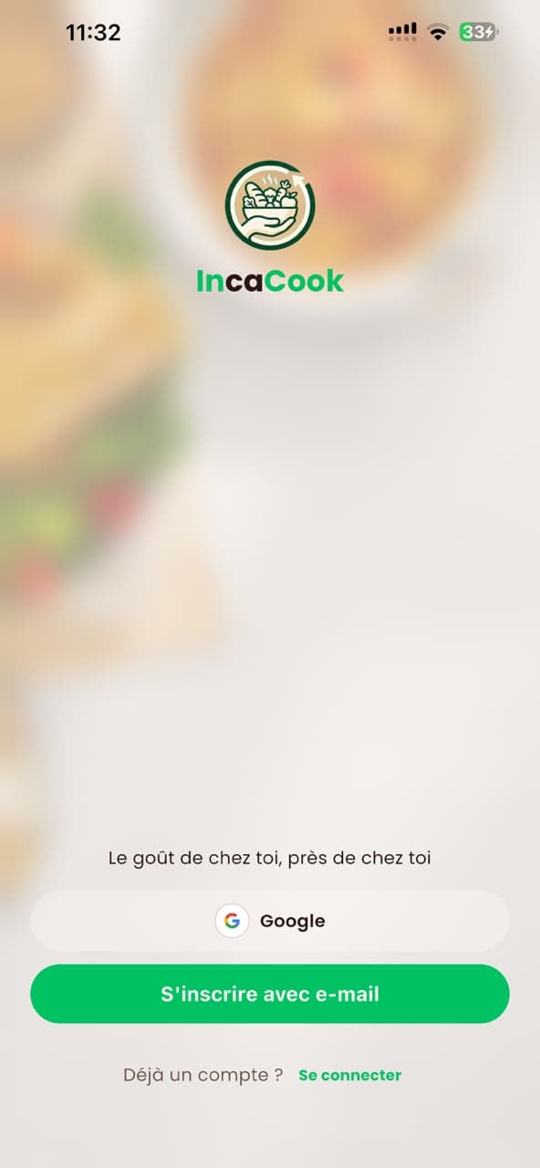 Capture d'écran réelle de l'application IncaCook — écran d'inscription