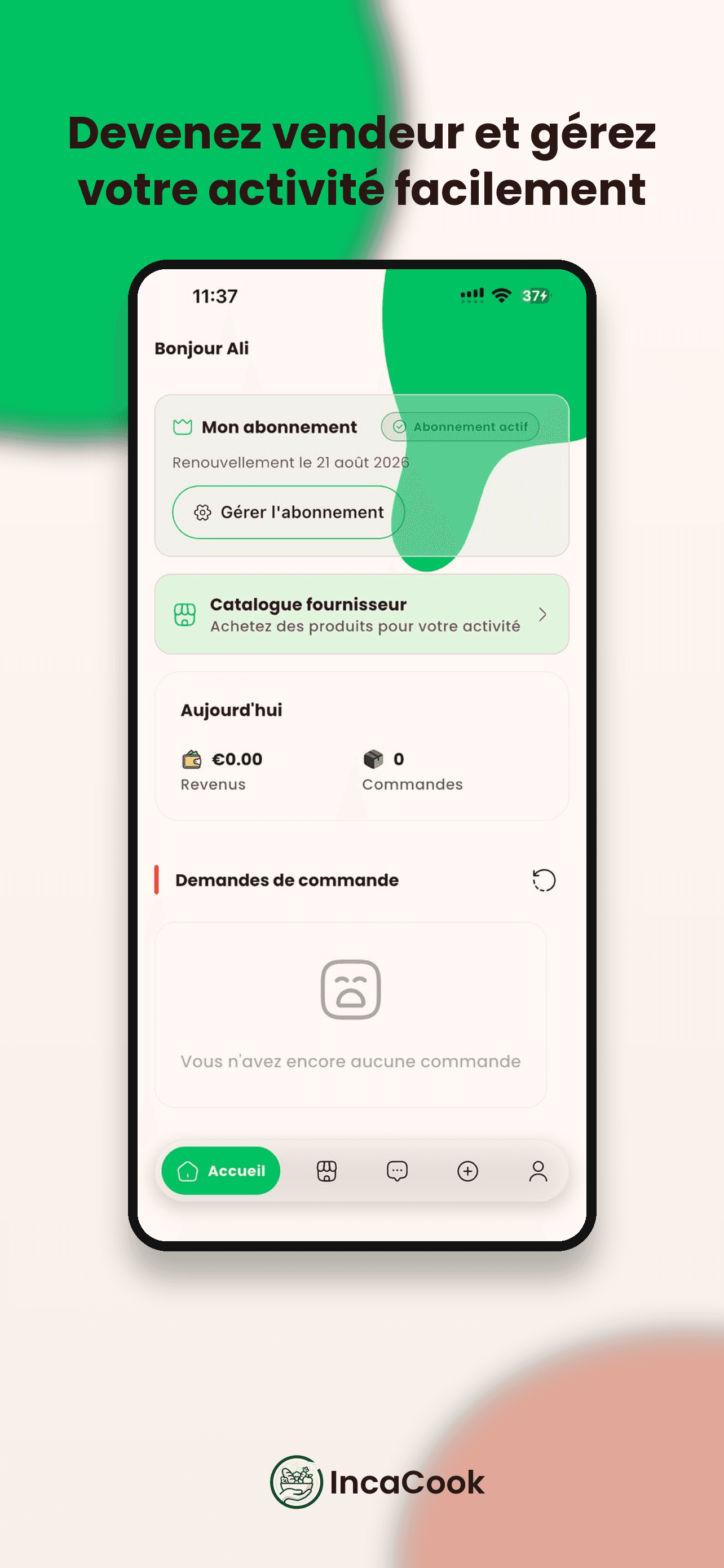 Devenez vendeur et gérez votre activité facilement — capture d'écran de l'application IncaCook